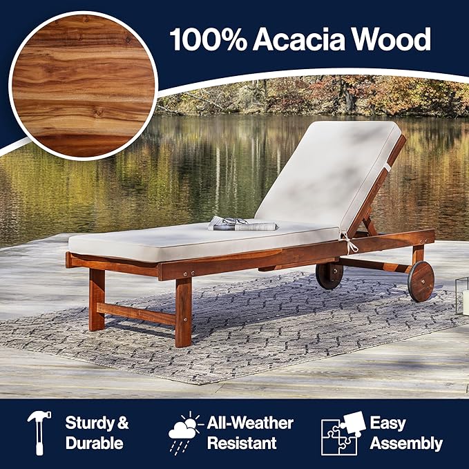 JONATHAN Y PAT1003A Seabrook 69 x 24 Inch Outdoor Acacia Wood Lounger with Cushion, 5-Position Back, Slide Table & Wheels for Garden, Lawn, Backyard, Pool, Deck, Beach, Firepit, Light Brown
