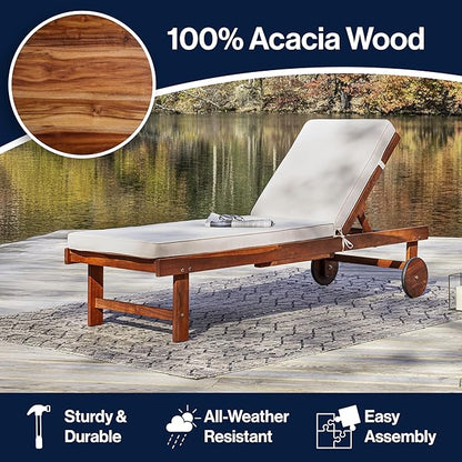 JONATHAN Y PAT1003A Seabrook 69 x 24 Inch Outdoor Acacia Wood Lounger with Cushion, 5-Position Back, Slide Table & Wheels for Garden, Lawn, Backyard, Pool, Deck, Beach, Firepit, Light Brown