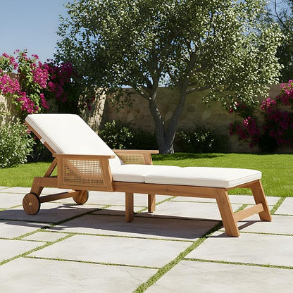 Merax Retro Acacia Wood Outdoor Chaise Lounge with Wheels & 3-Position Adjustable Backrest, Vintage Wicker Design Sun Lounger with Plush Removable Cushion for Patio, Garden & Poolside, Acacia Wood