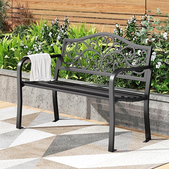 PHI VILLA 43 Inch Cast Iron Steel Frame Outdoor Garden Bench, Patio Furniture Chair Bench w/Floral Design Backrest - Photo 1