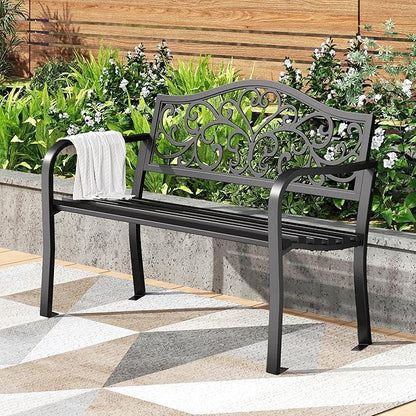PHI VILLA 43 Inch Cast Iron Steel Frame Outdoor Garden Bench, Patio Furniture Chair Bench w/Floral Design Backrest, Slatted Seat for Park, Yard, Porch - Black