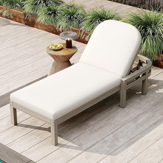 Acacia Wood Outdoor Chaise Lounge, Patio Recliner with Cushions and Arched 5-Position Adjustable Backrest, Outdoor Lounge Chairs for Poolside, Garden, Backyard (Gray-Z1)