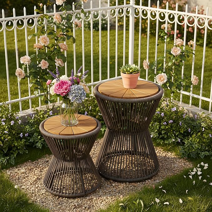 Merax Bohemian Round Outdoor Side Table Set of 2, 2 Pieces Patio Side Tables with Acacia Wood Top and Dark Grey Handwoven Rope Base, for Garden, Pool, Balcony, Elegant Hourglass Design, No Assembly