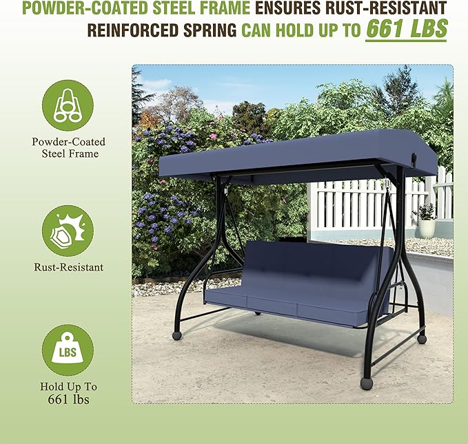 MUPATER 3-Seat Patio Porch Swing Chair, 2-in-1 Outdoor Canopy Swing Glider with Stand and Cushion for Patio, Poolside, Backyard, Blue