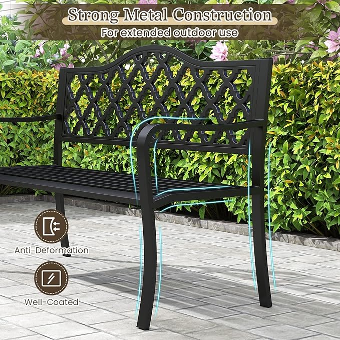 Tangkula 50.5” Metal Outdoor Park Bench, Slatted Patio Garden Bench for 2-3 People, Park-Style Loveseat with Curved Armrests, Heavy-Duty Outdoor Seating for Backyard, Lawn, Porch