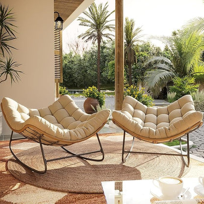 Outdoor Rocking Chair, 2 PCS Indoor Papasan Chairs, Oversized Egg Rocking Chair with Thick Cushion, Rattan Wicker Rocker Lounge Chair for Bedroom, Living Room, Patio, Garden, Porch (Beige)