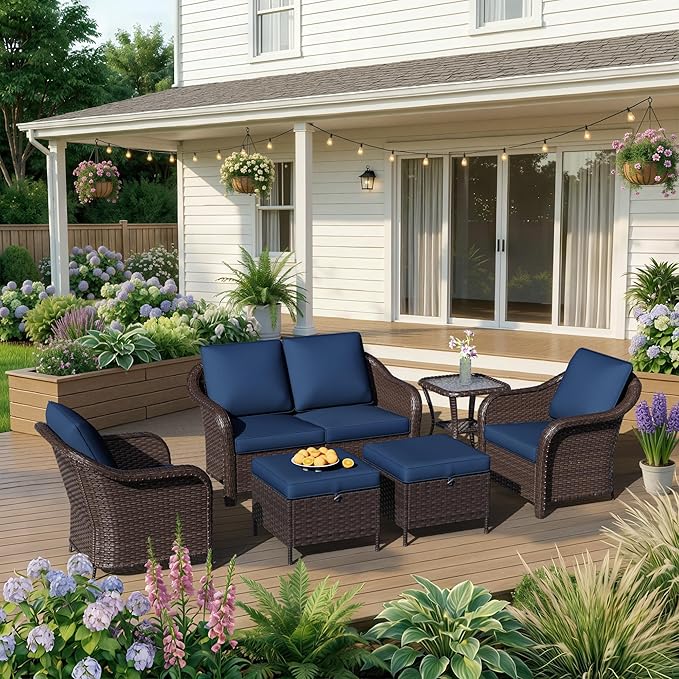 6 Piece Patio Wicker Conversation Set, All-Weather Use Outdoor Wicker Loveseat with 2 PE Rattan Ottomans, 2 Chair - Photo 1