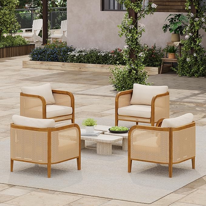 Christopher Knight Home Tilden Bohemian Acacia Wood Lounge Chair Outdoor Set of 4, Wicker Patio Accent Chair with Wooden Frame, Patio Furniture Set with Removable Cushion, Teak+Beige