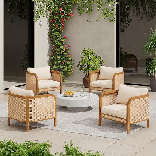 Christopher Knight Home Tilden Bohemian Acacia Wood Lounge Chair Outdoor Set of 4, Wicker Patio Accent Chair with Wooden Frame, Patio Furniture Set with Removable Cushion, Teak+Beige