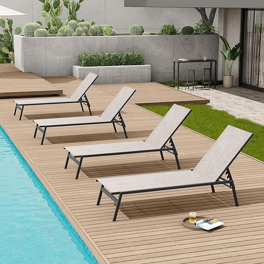 Crestlive Products Stackable Chaise Lounge Chair Outdoor Set of 4, Adjustable 5 Positions Pool Tanning Recliner,Outdoor Lounge Furniture Perfect for Patio, Beach, Yard, Pool
