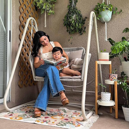 PURPLE LEAF Cloud Swing Chair with Stand Patio Wicker Bench Glider Loveseat Hanging Swinging for Indoor Outside Backyard Garden Outdoor Hammock Porch Swing, Cushion and Pillows Included, Cream