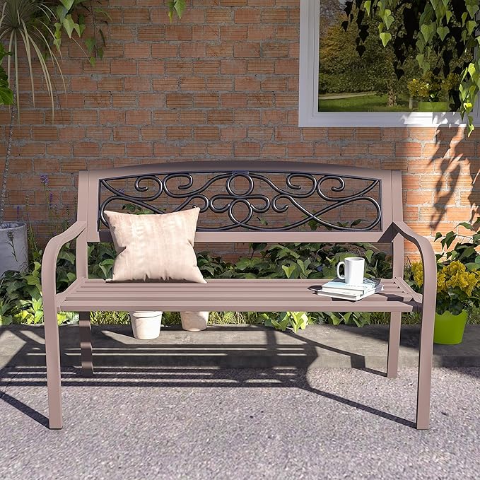 Outsunny 50" Outdoor Bench, Metal Garden Bench with Floral Pattern Backrest, Porch Bench with Slatted Seat for Park, Yard, Lawn, Brown