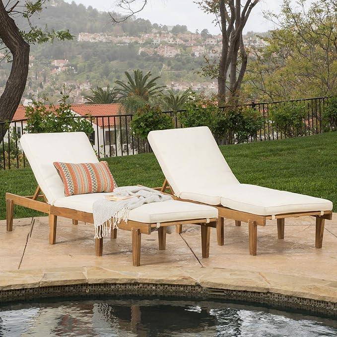 Christopher Knight Home Outdoor Pool/Deck Furniture, Teak Chaise Lounge Chairs with Cushions (Set of 2) - Photo 2