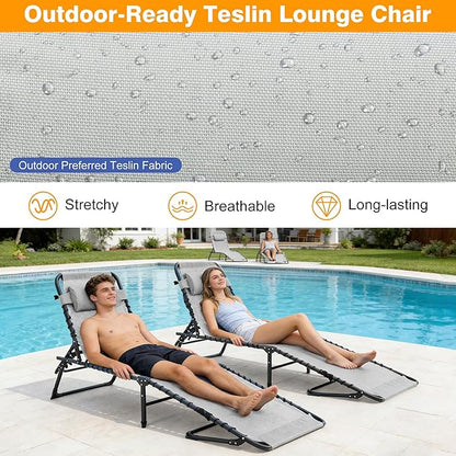 Folding Chaise Lounge Chair, Patio Teslin Tanning Chair, Outdoor Chaise Lounger with 5-Position Reclining Back, Breathable Mesh Seat for Beach, Poolside, Patio Sunbathing Grey