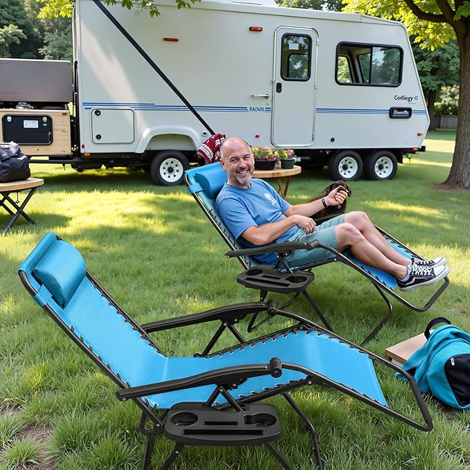 Greesum Zero Gravity Chairs Set of 2 Adjustable Steel Mesh Recliners Beach Deck Lawn Camping Patio Foldable Lounge Chair with Cup Holder Trays and Pillows,Sky Blue
