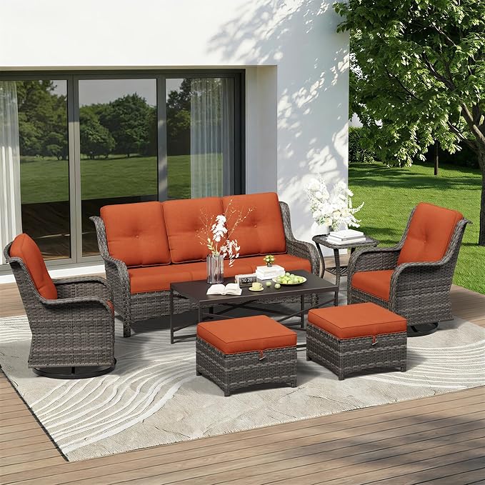 7 Piece Outdoor Wicker Patio Furniture Set, Outdoor Swivel Rocker Patio Chairs Set with Thickened Olefin Cushions - Photo 1