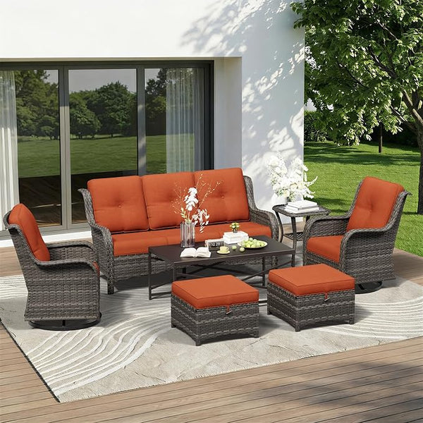 7 Piece Outdoor Wicker Patio Furniture Set, Outdoor Swivel Rocker Patio Chairs Set with Thickened Olefin Cushions - Photo 1