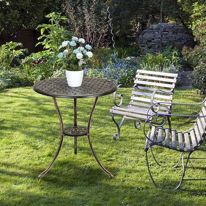 GarveeHome Patio Bistro Table, 24" Round Outdoor Coffee Table with 2" Umbrella Hole, Outdoor Cast Aluminum Bistro Table Side Table with Iron Frame for Balcony Backyard Lawn and Garden, Rustic Brown