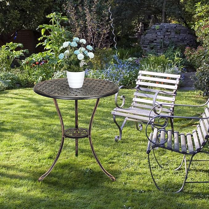 24" Cast Aluminum Patio Bistro Table with Umbrella Hole, Outdoor Round Coffee Bistro Side Table - Photo 8