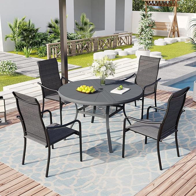 Outdoor Patio Round Dining Table for 4, 40.7" x 40.7" Sleek Aluminum Dining Table with Umbrella Hole for Backyard Garden Lawn Deck, Dark Grey