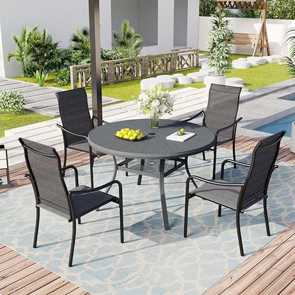 Outdoor Patio Round Dining Table for 4, 40.7" x 40.7" Sleek Aluminum Dining Table with Umbrella Hole for Backyard Garden Lawn Deck, Dark Grey