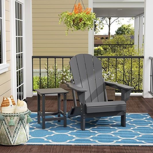 WestinTrends Malibu 2-Pieces Adirondack Chair Set with Side Table, All Weather Outdoor Seating Plastic Patio Lawn Chair Folding for Outside Porch Deck Backyard, Gray