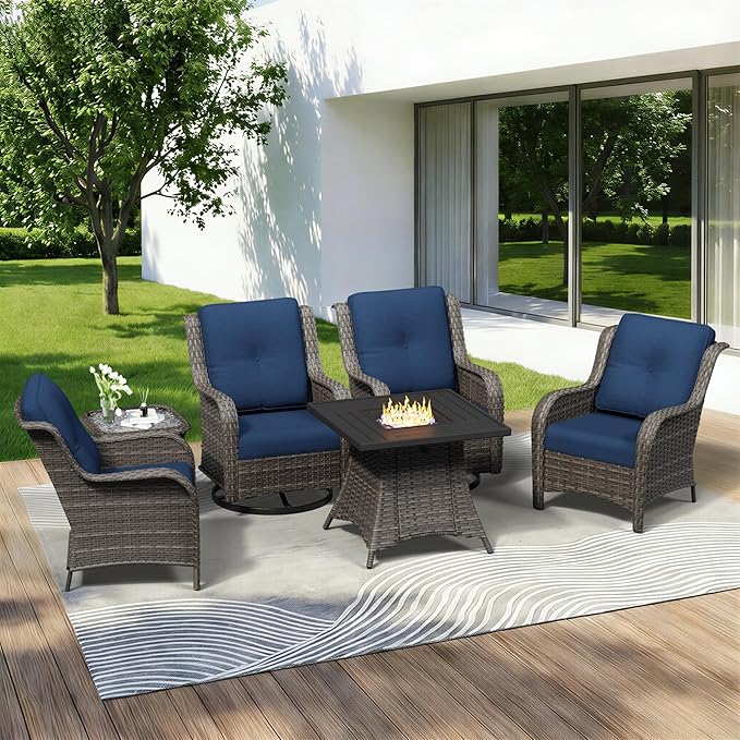 6 Pieces Outdoor Wicker Patio Furniture Set with Fire Pit Table, Patio Chair Set with Thickened Olefin Cushions - Photo 9