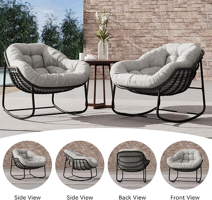 Oversized Rocking Chair Outdoor Set of 2, Rocking Papasan Chair, Patio Egg Chair with Padded Cushion, Outdoor Wicker Rocking Chair for Front Porch, Garden, Patio (Beige)