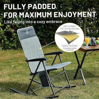 Timber Ridge 3-Level Adjustable Rocking Camping Chair, Padded High Back Outdoor Rocking Chair with Side Pocket, Portable Folding Rocker for Adults, Supports 300 LBS for Lawn, Patio, Porch