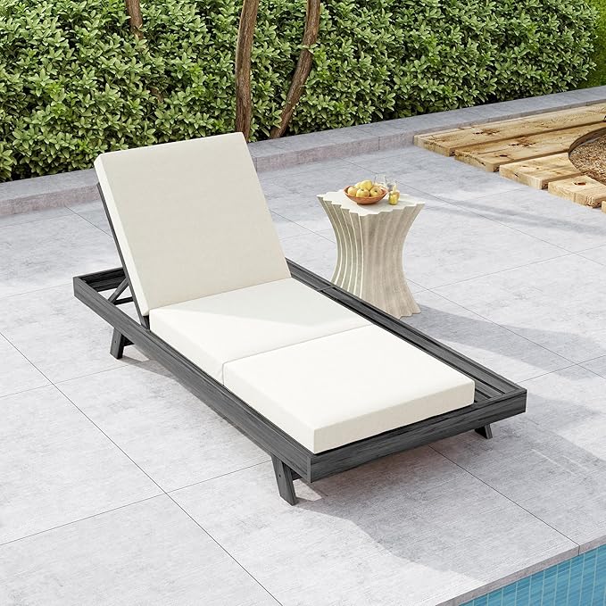 Christopher Knight Home Dami Patio Chaise Lounge Chair Outdoor with Foldable Cushion, Acacia Wood Poolside Sun Lounger with Space Available On One Side, Adjustable Backrest Pool Lounger, Black + Cream