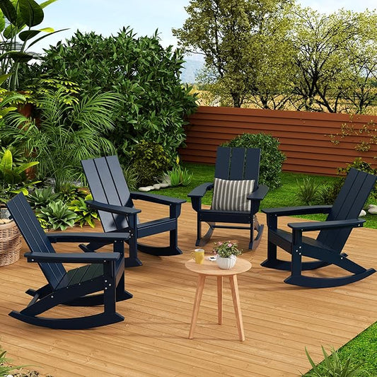 WestinTrends Ashore Patio Rocking Chairs Set of 4, All Weather Poly Lumber Plank Adirondack Rocker Chair, Modern Farmhouse Outdoor Rocking Chairs for Porch Garden Backyard and Indoor, Navy Blue
