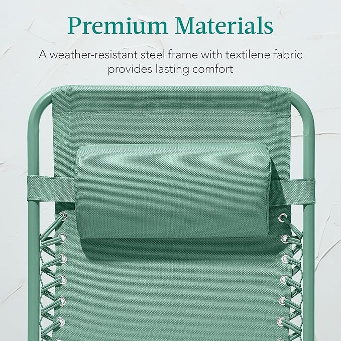 Best Choice Products Adjustable Zero Gravity Chair, Monochromatic Color Folding Patio Recliner w/Side Tray, Headrest - Seafoam