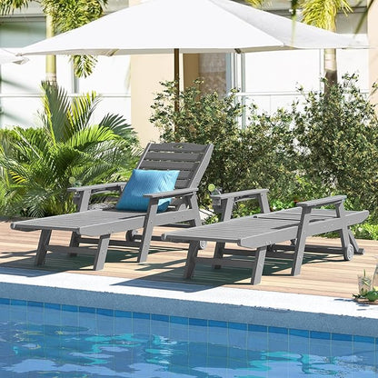 nalone Chaise Lounge Outdoor with 5-Position Adjustable Backrest, HDPE Lounge Chair for Outside Supports Up to 400 LBS, Pool Lounge Chairs for Patio Poolside Deck Beach Backyard (Grey)