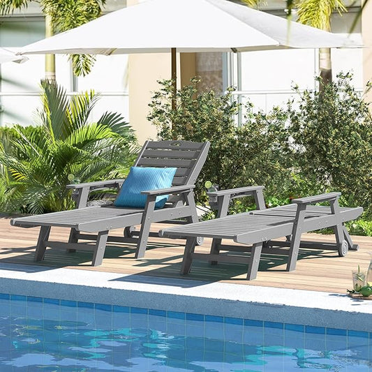 nalone Chaise Lounge Set of 2 Outdoor with 5-Position Adjustable Backrest, HDPE Lounge Chair for Outside Supports Up to 400 LBS, Pool Lounge Chairs for Patio Poolside Deck Beach Backyard (Grey)