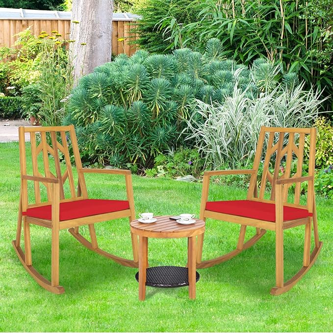 RELAX4LIFE Wooden Rocking Chair Outdoor - Oversized Patio Rocker w/High Backrest, Long Armrest, Removable Soft Cushion, Porch Rocking Chair for Backyard, Garden, Patio Rocking Chair (1, Red)
