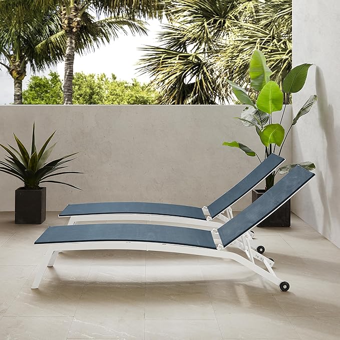 Crosley Furniture Weaver 2-Piece Reclining Sling Outdoor Chaise Lounge Chair Set with Wheels, Patio, Deck, Pool, Navy - Photo 8