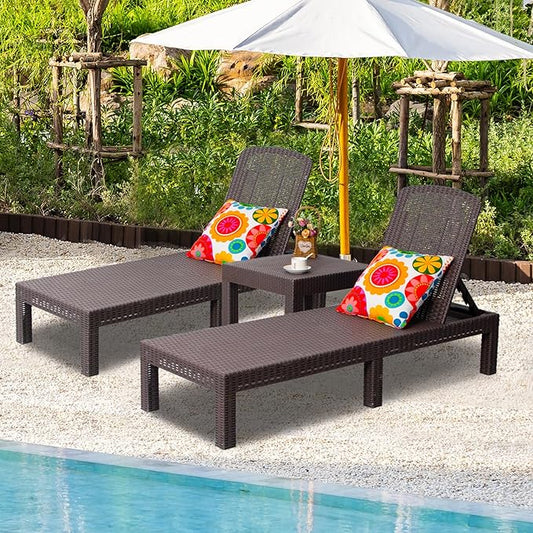 DIMAR GARDEN Outdoor Chaise Lounge, Pool Lounge Chair with Table, 3 Pieces Mocha