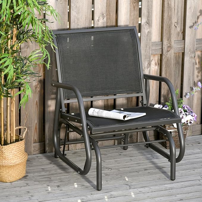 Outsunny Porch Glider, Metal Frame Swing Glider Chair with Breathable Mesh Fabric, Steel Frame and Curved Armrests for Garden, Poolside, Backyard, Balcony, Black