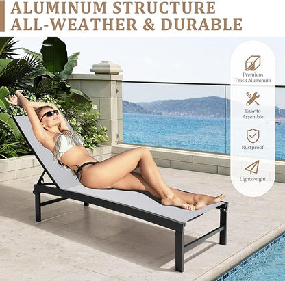 Chaise Lounge Chair, Set of 4 Outdoor Recliner Lounge Chair Sun Loungers, All Weather Chaise with 5 Adjustable Backrest and Lay Flat Positions for Garden, Balcony, Pool, Light Gray