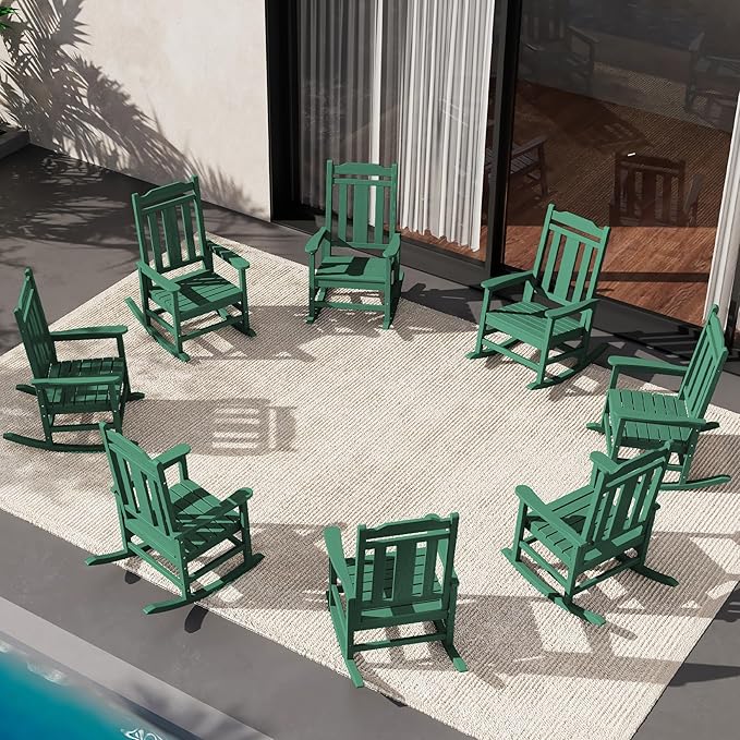 SERWALL HDPE Outdoor Rocking Chair Set of 8, Patio Rocking Chairs Set, Rocking Chair Outdoor for Adults, Green