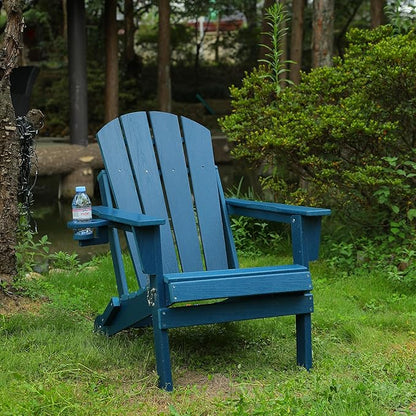 Folding Outdoor Adirondack Chair in Navy Blue - Composite with Wood Texture and Dual Cup Holders