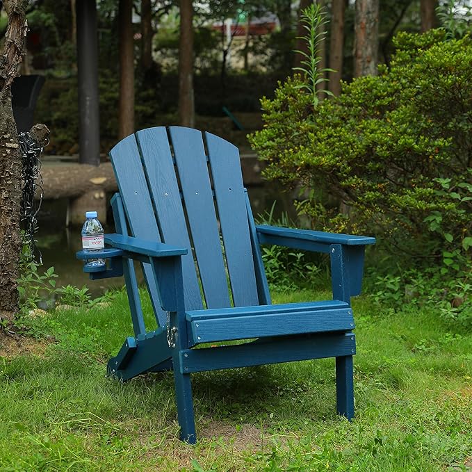 Folding Outdoor Adirondack Chair in Navy Blue - Composite with Wood Texture and Dual Cup Holders