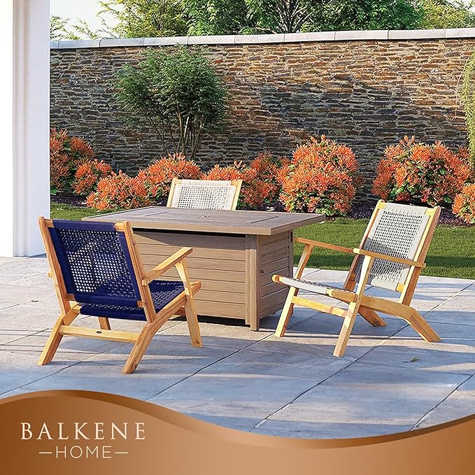 Balkene Home 62773 Vega Natural Stain Outdoor Chair Acacia Wood Construction Hand Woven Seat Mid Century Design Comfortable Reclining Armchair Patio Lawn Garden Backyard Deck - Ecru Cording