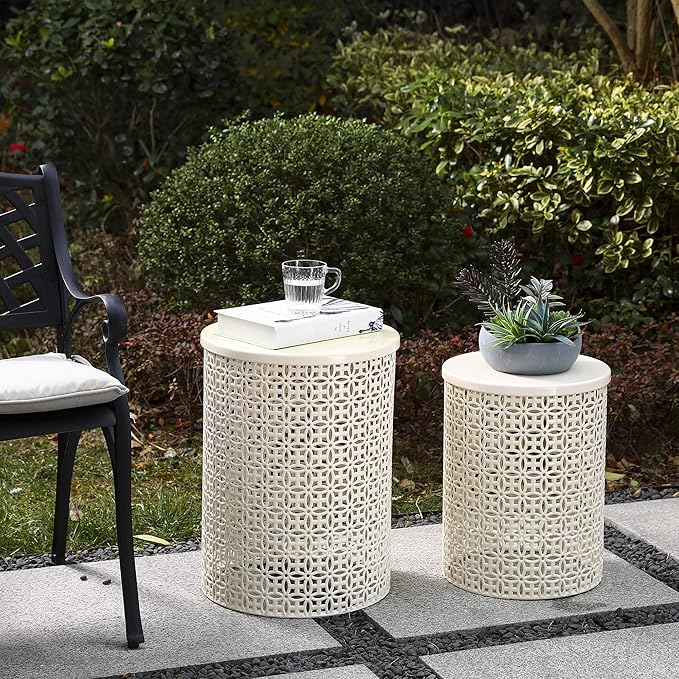 Glitzhome Outdoor Side Table Set of 2, Decorative Garden Stool for Patio, Heavy Duty Metal Frame Accent Table Modern End Table, Cream White | Indoor Outdoor, Heavy Duty, Accent Table, Modern End Table