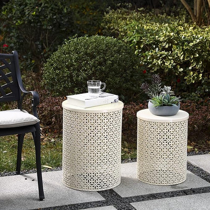 Glitzhome Outdoor Side Table Set of 2, Decorative Garden Stool for Patio, Heavy Duty Metal Frame Accent Table Modern End Table, Cream White | Indoor Outdoor, Heavy Duty, Accent Table, Modern End Table