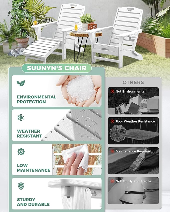 Folding Adirondack Chair with Retractable Ottoman, Weather Resistant Fire Pit Chair Patio Chair with 2 Cup Holder Lawn Outdoor Lounge Chair (White)