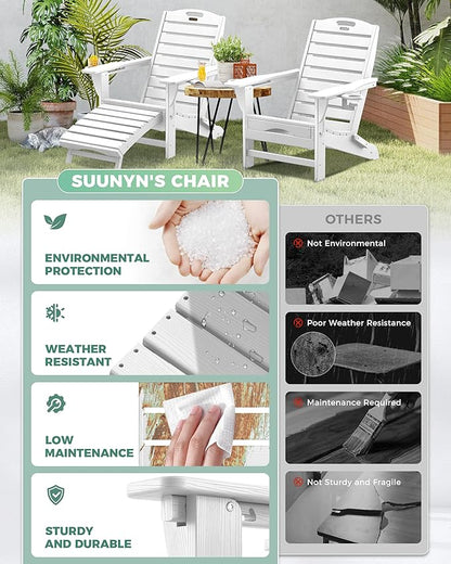 Folding Adirondack Chair with Retractable Ottoman, Weather Resistant Fire Pit Chair Patio Chair with 2 Cup Holder Lawn Outdoor Lounge Chair (White)