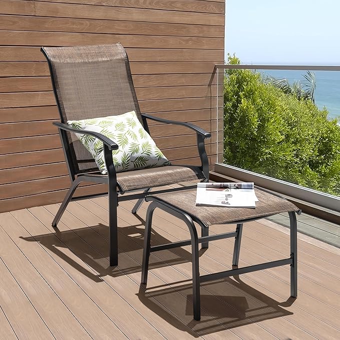 NUU GARDEN Outdoor Patio Chair, Patio Dining Chair with Ottoman, All-Weather Textilene Chair with Metal Frame, Outdoor Portable Chairs for Patio, Backyard, Deck, Brown