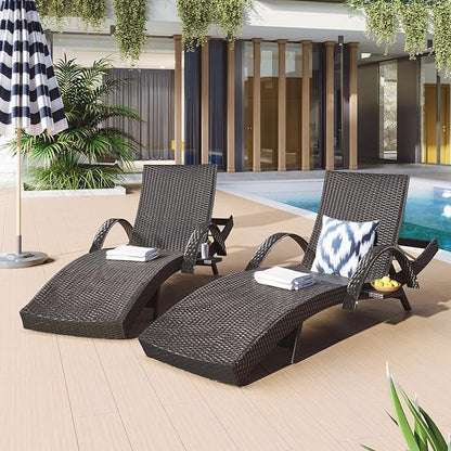Outdoor Wicker Chaise Lounge Chairs Set of 2,80.3" Patio Rattan Reclining Chair with Pull-Out Side Table and 4-Level Adjustable Backrest,Ergonomic Wave Design Pool Sunbathing Recliners,Dark Brown
