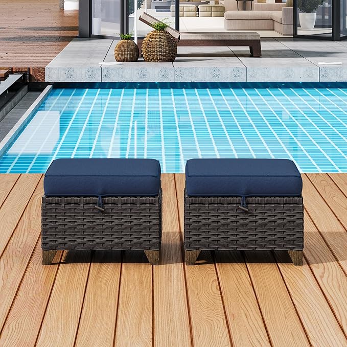 2 Pieces Patio Outdoor Ottomans with Removable and Washable Covers，PE Rattan Wicker Footstools for Porch, Garden - Photo 2